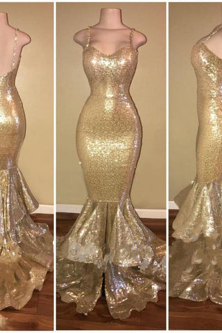 Shiny Sequins Mermaid Spaghettis-Straps Layers-Train Gold Prom Dresses