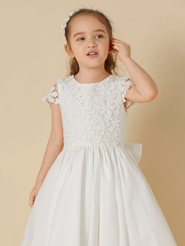 Kurzes A-Linien-Spitzenkleid mit U-Ausschnitt für die Hochzeit, Erstkommunion, Blumenmädchenkleid mit Ärmeln