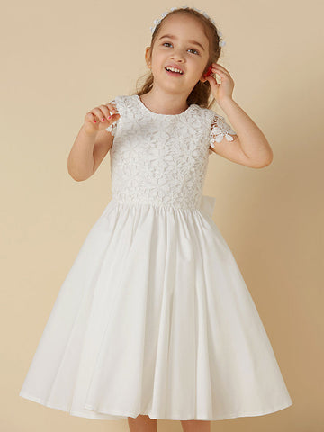 Kurzes A-Linien-Spitzenkleid mit U-Ausschnitt für die Hochzeit, Erstkommunion, Blumenmädchenkleid mit Ärmeln