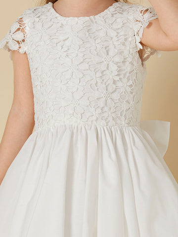 Kurzes A-Linien-Spitzenkleid mit U-Ausschnitt für die Hochzeit, Erstkommunion, Blumenmädchenkleid mit Ärmeln