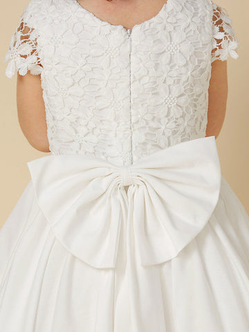 Kurzes A-Linien-Spitzenkleid mit U-Ausschnitt für die Hochzeit, Erstkommunion, Blumenmädchenkleid mit Ärmeln