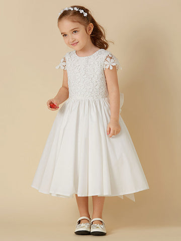 Kurzes A-Linien-Spitzenkleid mit U-Ausschnitt für die Hochzeit, Erstkommunion, Blumenmädchenkleid mit Ärmeln