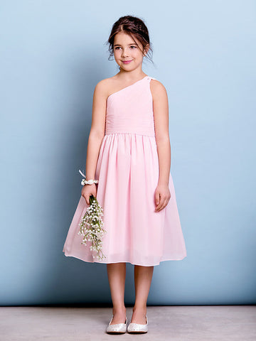 Kurzes A-Linien-Blumenmädchenkleid mit einer Schulter aus Chiffon für Junior-Brautjungfern