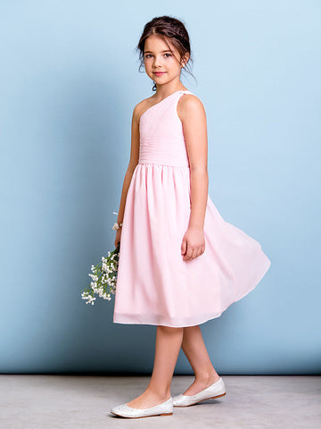 Kurzes A-Linien-Blumenmädchenkleid mit einer Schulter aus Chiffon für Junior-Brautjungfern