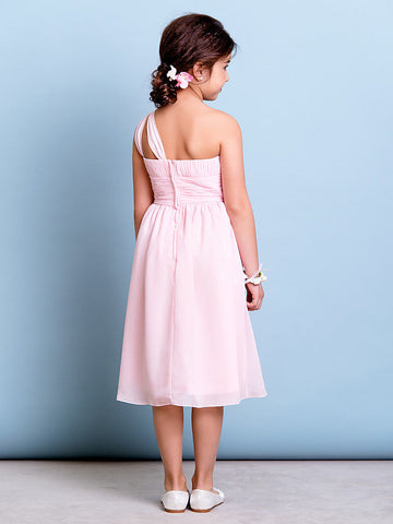 Kurzes A-Linien-Blumenmädchenkleid mit einer Schulter aus Chiffon für Junior-Brautjungfern