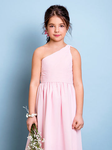 Kurzes A-Linien-Blumenmädchenkleid mit einer Schulter aus Chiffon für Junior-Brautjungfern