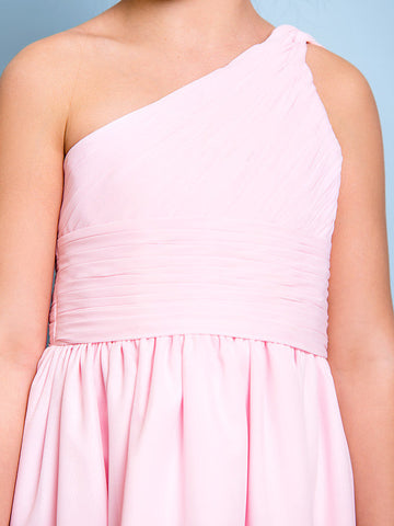 Kurzes A-Linien-Blumenmädchenkleid mit einer Schulter aus Chiffon für Junior-Brautjungfern