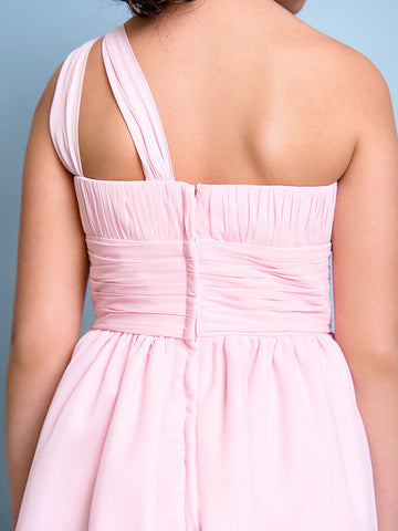 Kurzes A-Linien-Blumenmädchenkleid mit einer Schulter aus Chiffon für Junior-Brautjungfern
