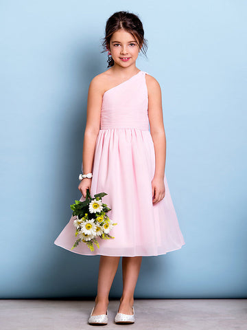 Kurzes A-Linien-Blumenmädchenkleid mit einer Schulter aus Chiffon für Junior-Brautjungfern
