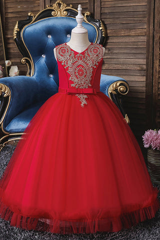 Kurzes Ballkleid mit Applikationen, Spitze, U-Ausschnitt, Tüll, Blumenmädchenkleider