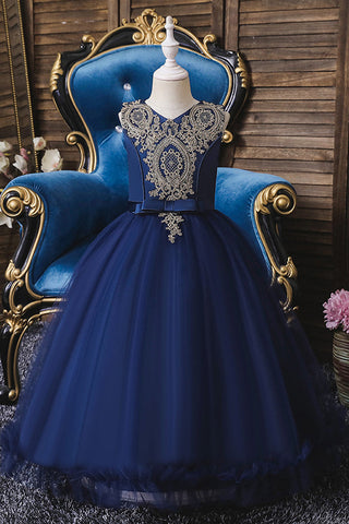 Kurzes Ballkleid mit Applikationen, Spitze, U-Ausschnitt, Tüll, Blumenmädchenkleider