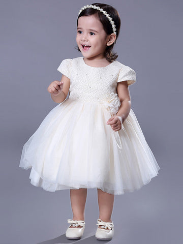 Kurzes Ballkleid mit Spitze und Rundhalsausschnitt, für Hochzeiten, Partys, Blumenmädchenkleider mit Ärmeln