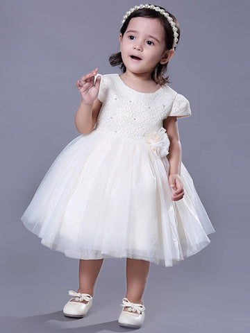 Kurzes Ballkleid mit Spitze und Rundhalsausschnitt, für Hochzeiten, Partys, Blumenmädchenkleider mit Ärmeln