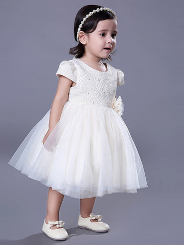 Kurzes Ballkleid mit Spitze und Rundhalsausschnitt, für Hochzeiten, Partys, Blumenmädchenkleider mit Ärmeln
