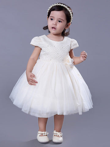 Kurzes Ballkleid mit Spitze und Rundhalsausschnitt, für Hochzeiten, Partys, Blumenmädchenkleider mit Ärmeln