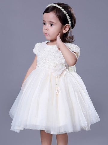 Kurzes Ballkleid mit Spitze und Rundhalsausschnitt, für Hochzeiten, Partys, Blumenmädchenkleider mit Ärmeln