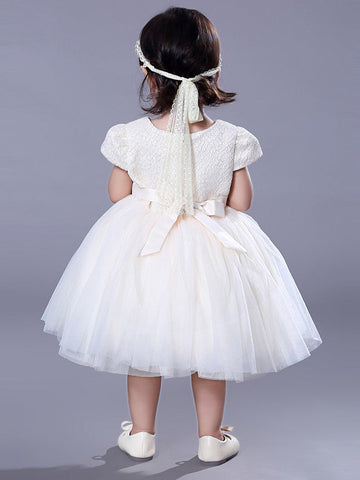 Kurzes Ballkleid mit Spitze und Rundhalsausschnitt, für Hochzeiten, Partys, Blumenmädchenkleider mit Ärmeln