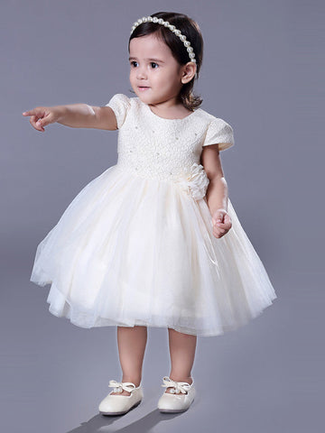 Kurzes Ballkleid mit Spitze und Rundhalsausschnitt, für Hochzeiten, Partys, Blumenmädchenkleider mit Ärmeln