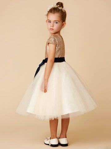 Kurzes Prinzessinnen-Kleid aus Tüll mit Pailletten und Rundhalsausschnitt, Festzugskleid für Blumenmädchen mit Ärmeln
