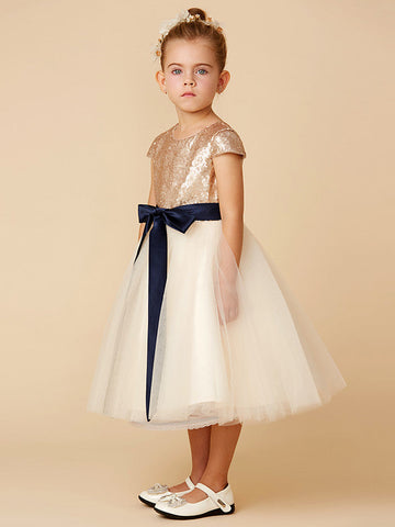 Kurzes Prinzessinnen-Kleid aus Tüll mit Pailletten und Rundhalsausschnitt, Festzugskleid für Blumenmädchen mit Ärmeln