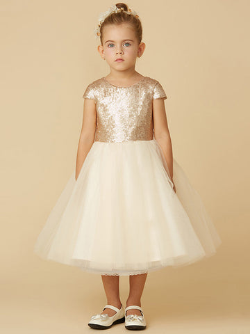 Kurzes Prinzessinnen-Kleid aus Tüll mit Pailletten und Rundhalsausschnitt, Festzugskleid für Blumenmädchen mit Ärmeln