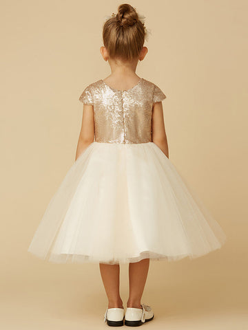 Kurzes Prinzessinnen-Kleid aus Tüll mit Pailletten und Rundhalsausschnitt, Festzugskleid für Blumenmädchen mit Ärmeln