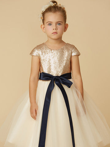 Kurzes Prinzessinnen-Kleid aus Tüll mit Pailletten und Rundhalsausschnitt, Festzugskleid für Blumenmädchen mit Ärmeln