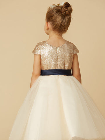Kurzes Prinzessinnen-Kleid aus Tüll mit Pailletten und Rundhalsausschnitt, Festzugskleid für Blumenmädchen mit Ärmeln