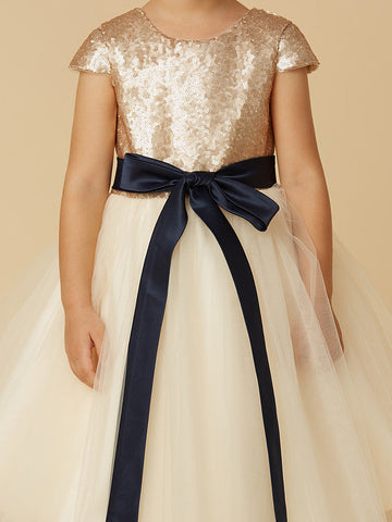 Kurzes Prinzessinnen-Kleid aus Tüll mit Pailletten und Rundhalsausschnitt, Festzugskleid für Blumenmädchen mit Ärmeln