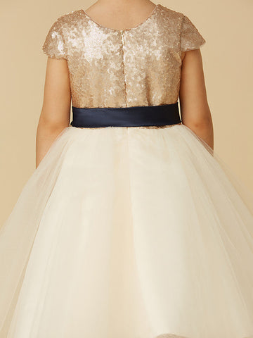 Kurzes Prinzessinnen-Kleid aus Tüll mit Pailletten und Rundhalsausschnitt, Festzugskleid für Blumenmädchen mit Ärmeln