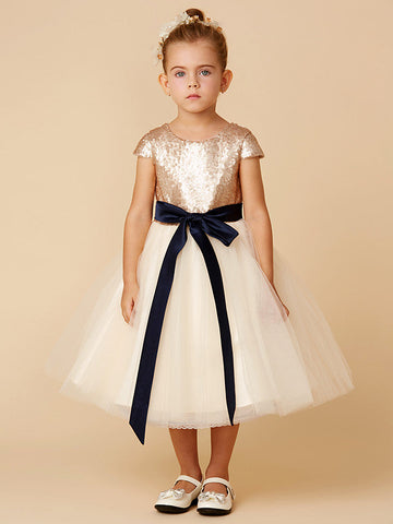 Kurzes Prinzessinnen-Kleid aus Tüll mit Pailletten und Rundhalsausschnitt, Festzugskleid für Blumenmädchen mit Ärmeln