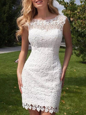 Short Wedding Dress Lace Jewel Neck Sleeveless Bridal Gowns With Panel Train