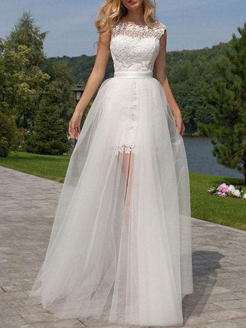 Short Wedding Dress Lace Jewel Neck Sleeveless Bridal Gowns With Panel Train