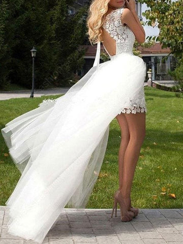 Short Wedding Dress Lace Jewel Neck Sleeveless Bridal Gowns With Panel Train