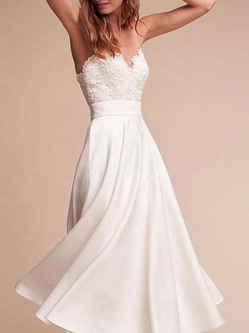 Short Wedding Dress V Neck Sleeveless A Line Tea Length Straps Bridal Gowns