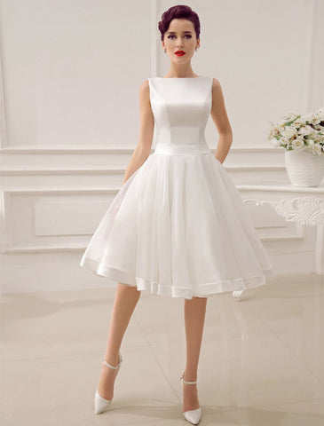 Kurzes Hochzeitskleid Vintage Brautkleid 1950er Bateau Ärmellos Empfang Brautkleid Exklusiv