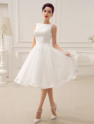 Kurzes Hochzeitskleid Vintage Brautkleid 1950er Bateau Ärmellos Empfang Brautkleid Exklusiv