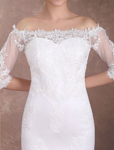 Short Wedding Dresses Sheath Lace Bridal Dress Ivory Off The Shoulder Half Sleeve Illusion Knee Length Column Wedding Reception Dress Exclusive