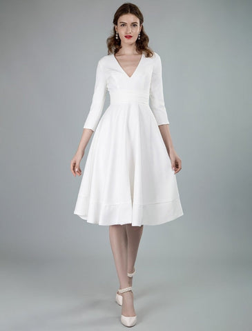 Kurze Brautkleider V-Ausschnitt 3/4 Ärmel A-Linie Knielang Brautkleid Exklusiv