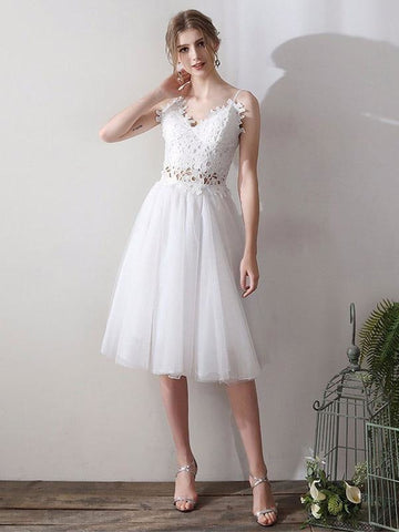 Kurze Brautkleider V-Ausschnitt Ärmellos A-Linie Natürliche Wadenlange Taille Organza Brautkleider