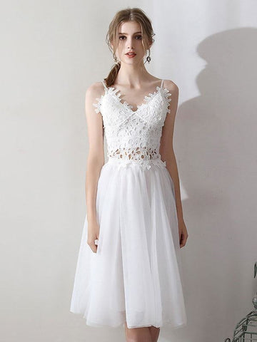 Kurze Brautkleider V-Ausschnitt Ärmellos A-Linie Natürliche Wadenlange Taille Organza Brautkleider