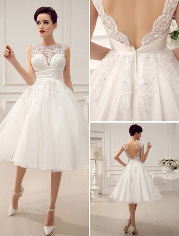 Kurze Brautkleider Vintage 1950er Brautkleid Rückenfrei Spitze Perlenbesatz Plissee Pailletten Illusion Hochzeitsempfangskleid Mit Exklusiv