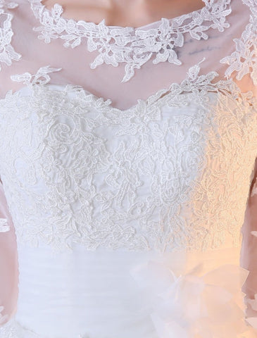 Short Wedding Dresses White Half Sleeve Lace Applique Tea Length Bridal Dress