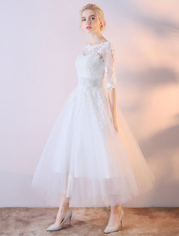 Short Wedding Dresses White Half Sleeve Lace Applique Tea Length Bridal Dress