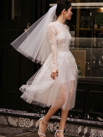 Kurze Brautkleider Weiße Spitze Langarm Illusion Tee Länge Brautkleid