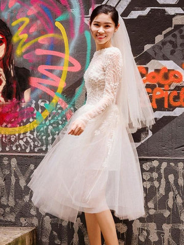 Kurze Brautkleider Weiße Spitze Langarm Illusion Tee Länge Brautkleid