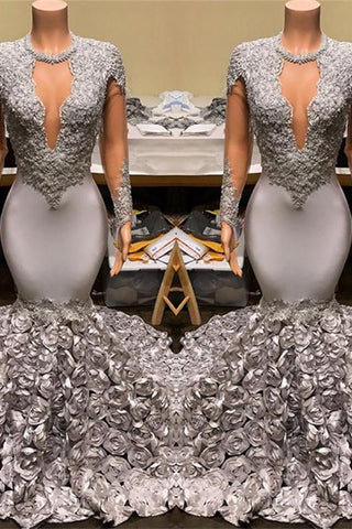 Silver Party Dress Fit and Flare Floral Prom Dresses  Lace Appliques Real Shooting Formal Dresses