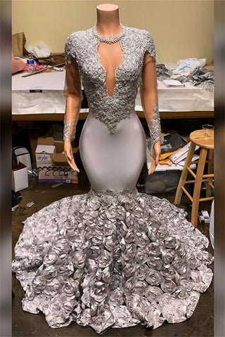Silver Party Dress Fit and Flare Floral Prom Dresses  Lace Appliques Real Shooting Formal Dresses