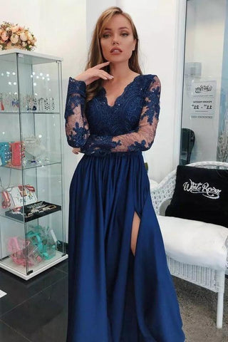 Simple Applique V-Neck Split Sleeveless Prom Dresses with Charming Beads
