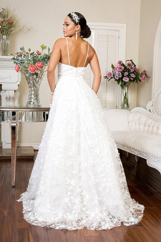 Simple Long Spaghetti Strap Floral Mesh Wedding Gown